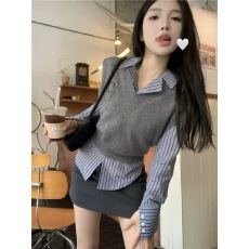 批发学院风套装女秋冬2025新款小个子针织马甲条纹衬衫<b class='q'>半身裙</b>三件套