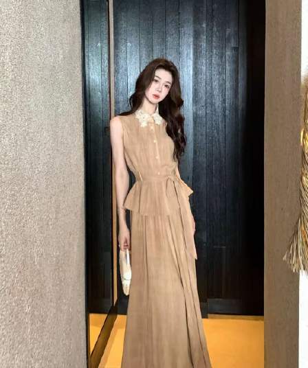 바람 이자 십자가 여름 레트로 스타일 레이스 레이스 민소매 맨위 도루 센스 반신 스커트 아마 세트