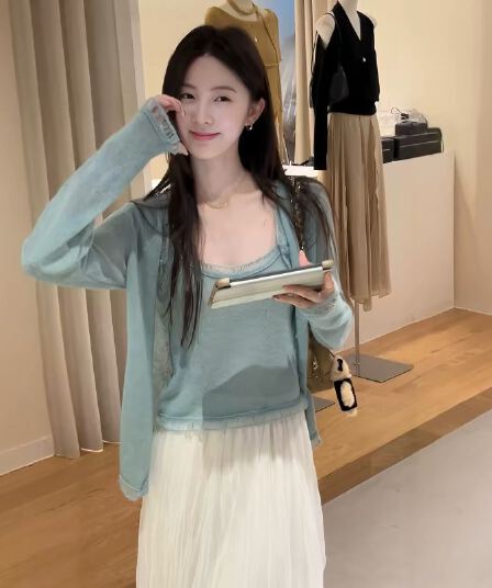 한 부서 분위기 센스 캐미솔 오픈 가디건 두 조각 여성 세트 가을 몸매 가꾸기 슬림해 보이는 스택 착용 디자인 센스 세트 착용 가져 가라.