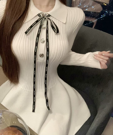 luna 루 Na 12.8 신제품 니트 드레스 장 원 영어 스타일 소녀 폴로 칼라 허리 수축 퍼프 스커트 초단 스커트