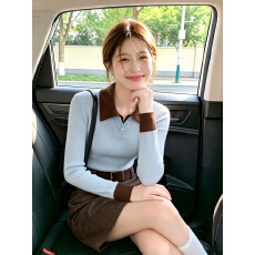 批发秋季<b class='q'>女</b>装polo衫设计感韩系漂亮撞色假两件针织衫修身显瘦长袖上衣