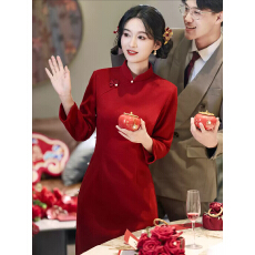 批发新中式旗袍敬酒服新娘冬季结婚红色长袖加绒订婚礼服裙女回门便装