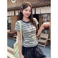 批发金靓 <b class='q'>官</b>图【+原版做法】<b class='q'>韩国</b>货撞色条纹短袖T恤夏季修身上衣