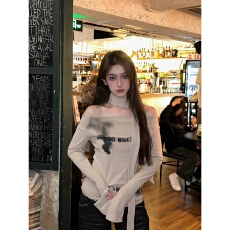 批发2025原版<b class='q'>莫代尔</b>人棉罗纹复古蝴蝶一字肩上衣<b class='q'>T</b><b class='q'>恤</b>