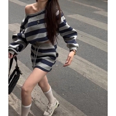 批发300克曼巴棉休闲条纹卫衣<b class='q'>短裙</b>套装显瘦两件套