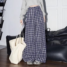 批发原版质量慵懒松弛感蓝色格子阔腿高腰休闲裤