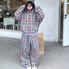 批发2025曼巴棉爱心字母满印复古秋季宽松连帽卫衣<b class='q'>套装</b>