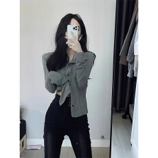 批发辣妹灰色质感长袖衬衫港味复古休闲慵懒感修身针织开衫<b class='q'>短外套</b>女