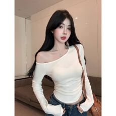 2025原版质量斜肩长袖t恤女甜辣妹一字肩上衣