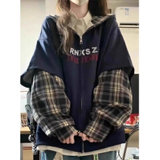 批发国<b class='q'>潮牌</b>拼接假两件拉链开衫连帽<b class='q'>卫衣</b>女春秋宽松设计感休闲百搭外套