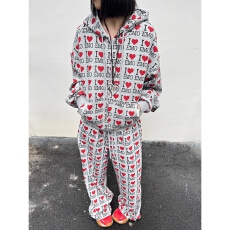 批发金靓 官图现货+原版质量爱心满印复古秋季宽松连帽卫衣<b class='q'>套装</b>