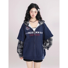 批发原版质量刺绣假两件格子<b class='q'>开衫</b>连帽<b class='q'>卫衣</b>外套上衣