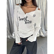 批发多巴胺露肩设计感吊带拼接长袖T恤女chic早秋季<b class='q'>宽松</b>防晒衫上衣ins