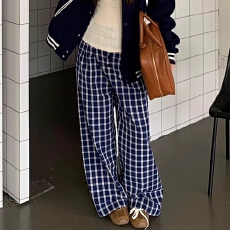 批发金靓 官图【现货+原版质量】慵懒松弛感蓝色格子阔腿高腰休闲裤