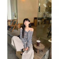 官图+原版质量高级感薄款防晒条纹长袖T恤露肩上衣