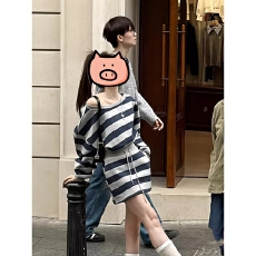 批发官图 300克曼巴棉休闲<b class='q'>条纹</b>卫衣<b class='q'>短裙</b>套装显瘦两件套