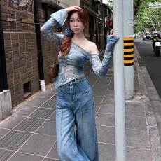 批发金靓 官图【现货+原版质量】扎染长袖t恤辣妹斜肩<b class='q'>网纱</b>长袖<b class='q'>上衣</b>