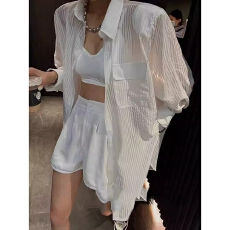 批发实价 官图+原版质量 新款翻领白色宽松条纹防晒衬衫女