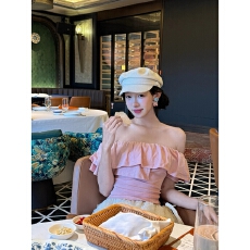 批发原版质量荷叶边别致<b class='q'>一字肩</b>性感纯欲短袖T恤