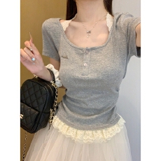 批发原版质量miu系蕾丝拼接假两件挂脖短袖T恤