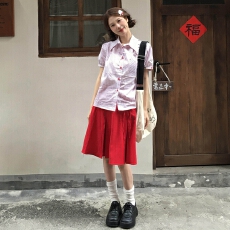 批发金靓 官图【现货+原版质量】甜美套装<b class='q'>条纹</b>短袖衬衫半身裙两件套