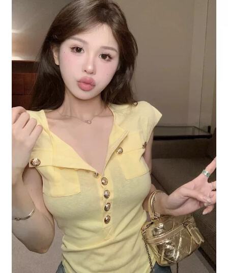 정가 경관 그림 원본 품질 작은 날다 소매 싱글 줄 버튼 황색 맨위 순수한 욕망 바람 섹시함 티셔츠