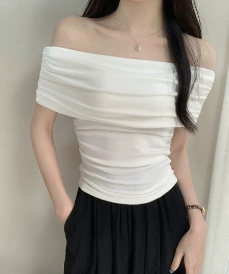 정가 경관 그림 원본 품질 오프숄더 티셔츠 여성 여름 순수한 욕망 몸매 가꾸기 쇼트 스타일 맨위