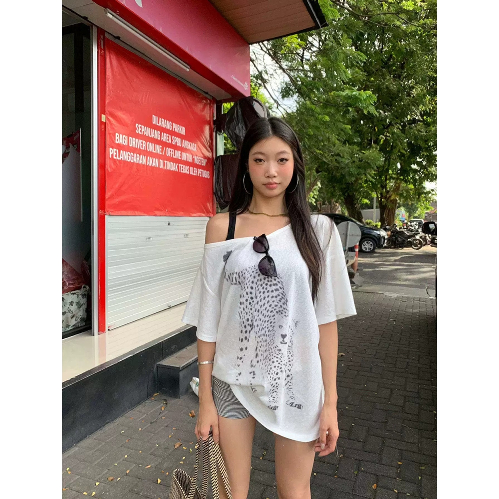 원본 것 얇은 스타일 레트로 표범 곡물 프린트 비스듬한 오프숄더 반팔 티셔츠