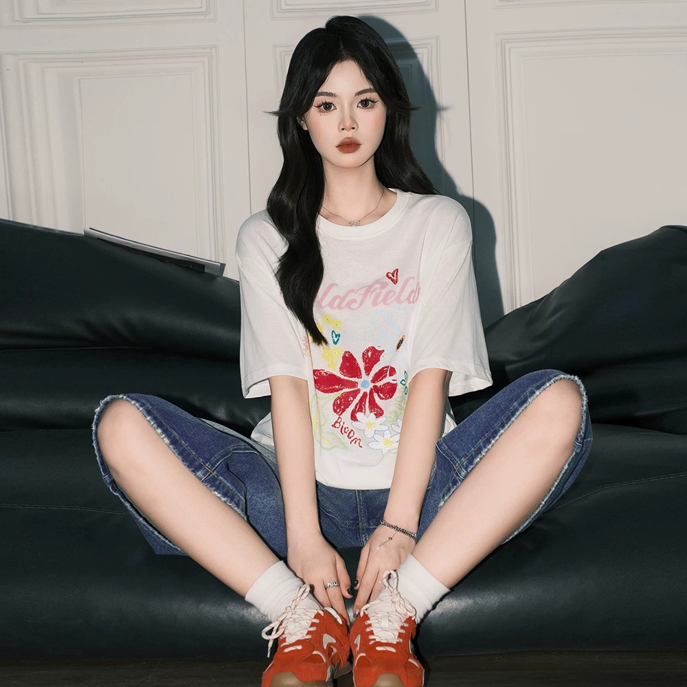 원본 품질 꽃 프린트 라운드 넥 티셔츠 여성 레저 반팔 맨위