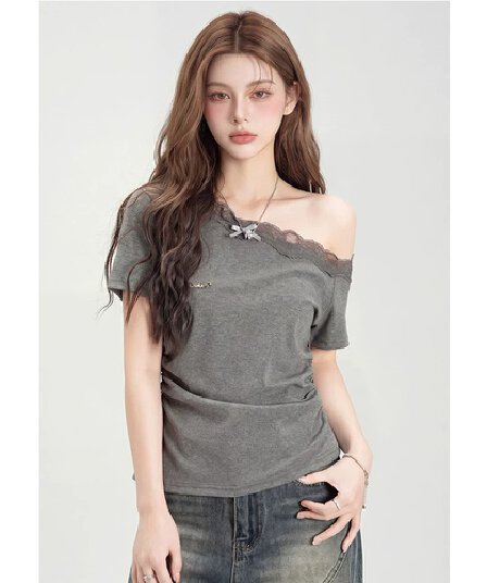 정가 경관 그림 원본 품질 레이스 오프숄더 반팔 티셔츠 여성 여름 몸매 가꾸기 슬림해 보이는 맨위
