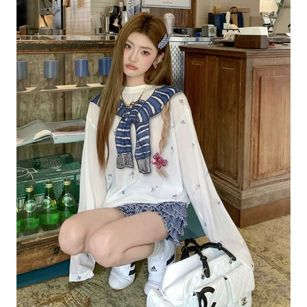 원본 것 달콤한 핫걸 만화 프린트 여름 블라우스 작은 꽃무늬 맨위