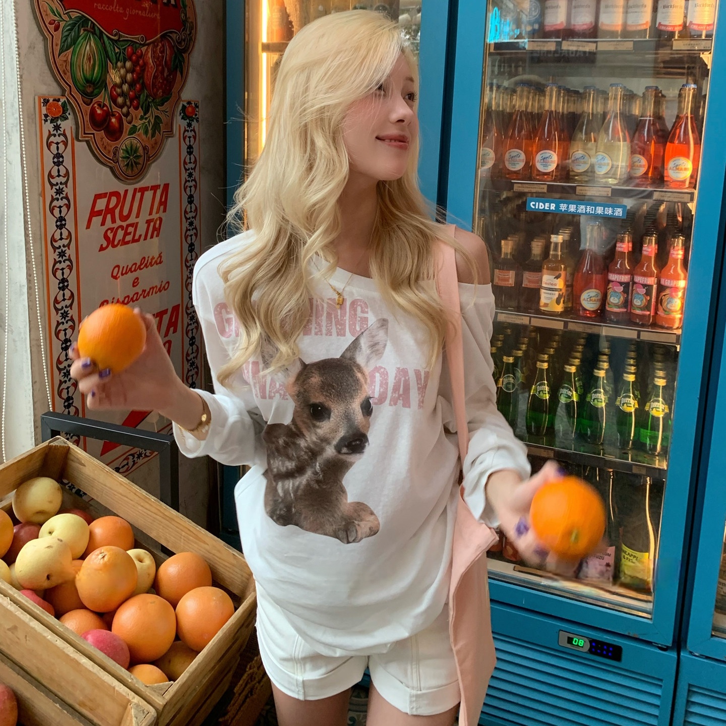 정가 경관 그림 원본 것 비스듬한 어깨 만화 프린트 티셔츠 여성 긴 소매 루즈핏 자외선 차단 맨위