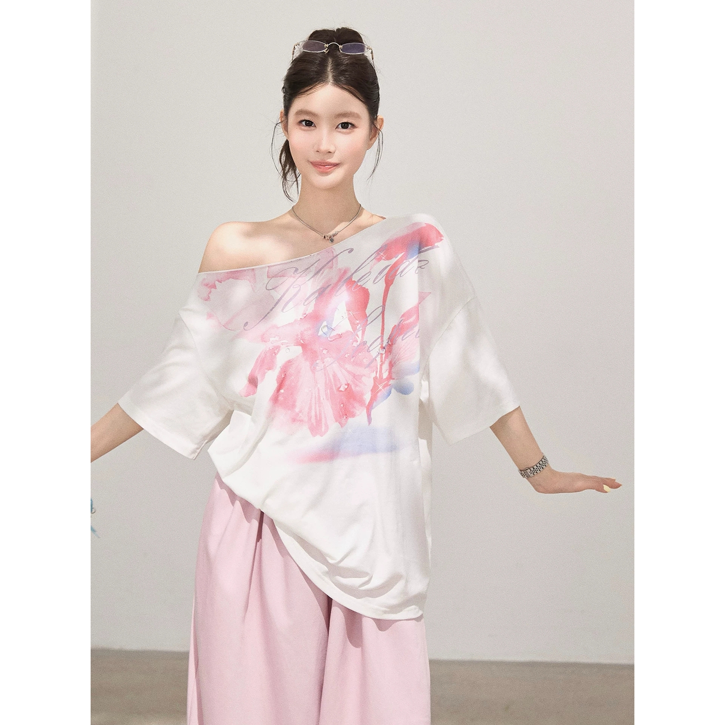 정가 경관 그림 원본 것 느긋한 프린트 비스듬한 어깨 반소매 티셔츠 여성 여름 오프숄더 맨위