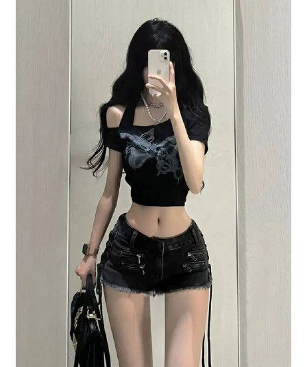 정가 경관 그림 원본 품질 나비 오프숄더 행침 목 반팔 티셔츠 여성 여름 이슬 뼈의 맨위