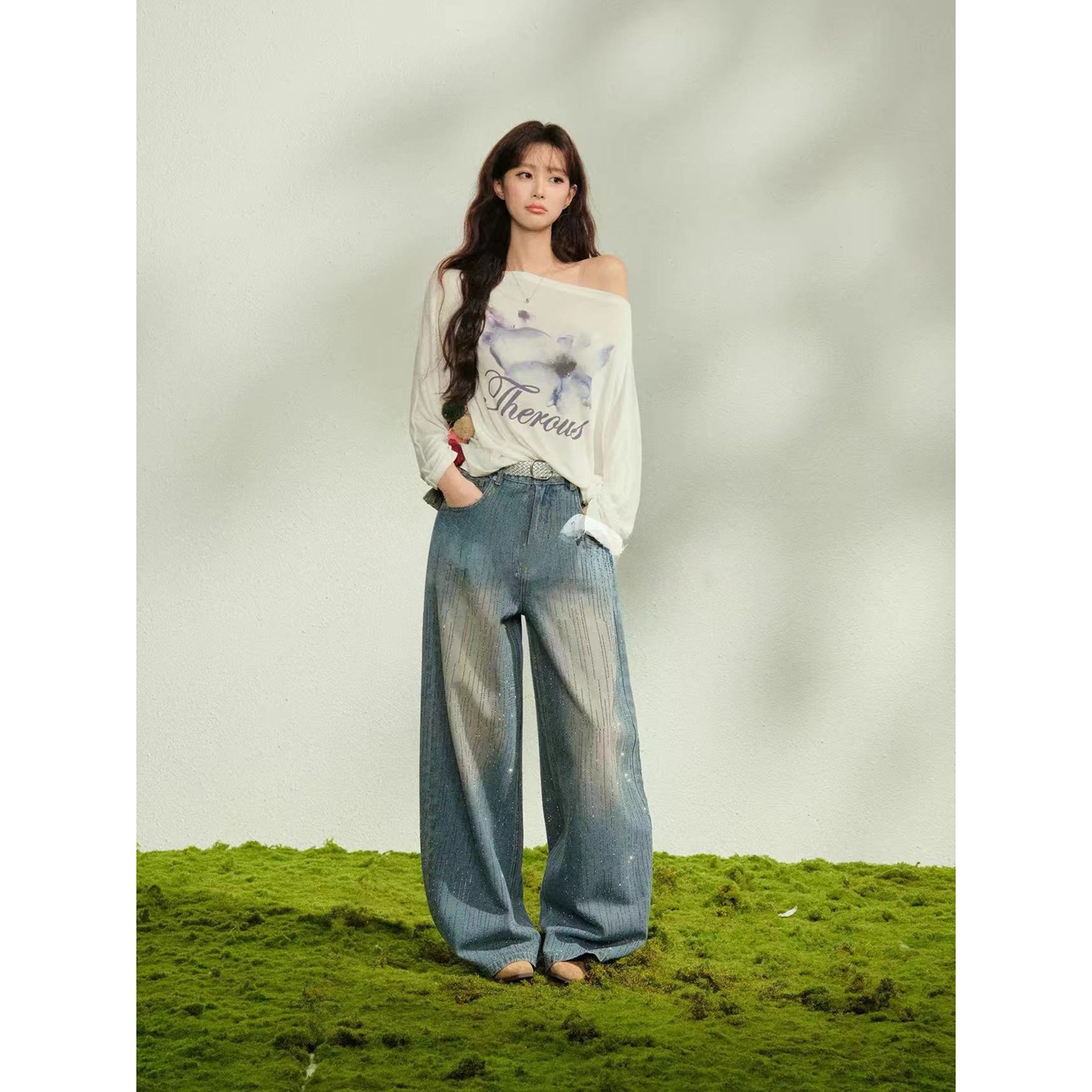 정가 경관 그림 원본 품질 마 오래된 핫픽스 스트레이트 청바지 캐주얼 루즈핏 와이드 레그 팬츠 어린이