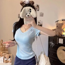 批发金靓 官图【现货+原版刺绣做法】纯欲V领短袖T恤女修身打底<b class='q'>上衣</b>