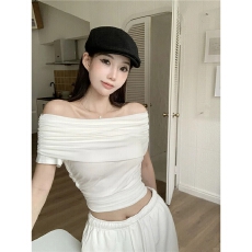 批发金靓 官图【现货+原版质量】 一字肩T恤女夏季纯欲风<b class='q'>修身</b>短款上衣