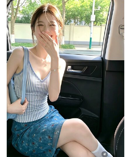 원본 품질 세로 줄무늬 V넥 캐미솔 여름 몸매 가꾸기 핫걸 바람
