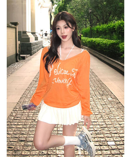 주황색 도파민 긴팔 티셔츠 여성 여름 알파벳 프린트 느긋한 자외선 차단 블라우스 루즈핏 캐주얼 다용도 맨위
