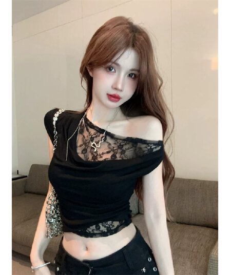 한국 스타일 여름 새로운 레이스 조각 비스듬한 어깨 반팔 티셔츠 몸매 가꾸기 주름 쇼트 스타일 맨위