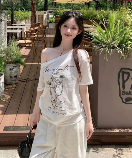 정가 경관 그림 원본 품질 느긋한 다용도 프린트 비스듬한 어깨 반팔 루즈핏 디자인 센스 티셔츠