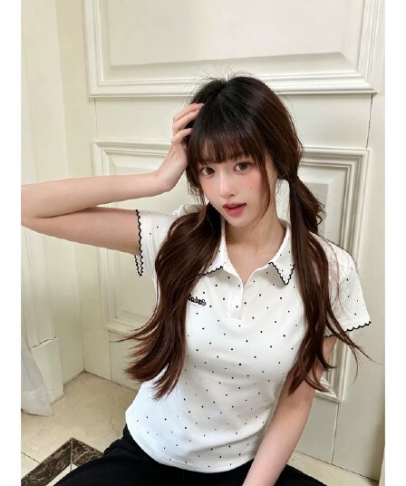 정가 경관 그림 원본 품질 POLO 칼라 긍정적 인 어깨 반팔 티셔츠 여성 달콤함 Chic 짧은 맨위