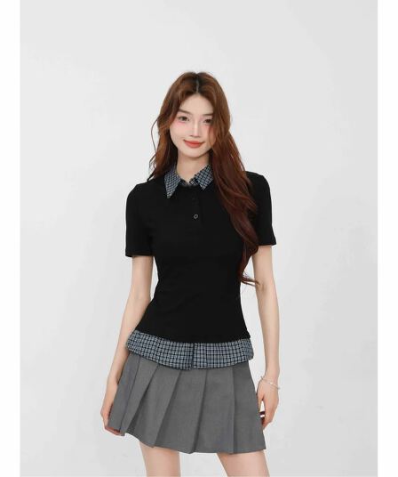 원본 품질 POLO 칼라 체크무늬 패치워크 반팔 티셔츠 여성 페이크 레이어드 맨위