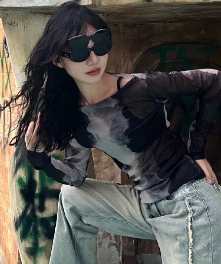 정가 실사 원본 품질 프랑스식 오프숄더 홀치기 염색 헤일로 염색 풀오버 망사 맨위