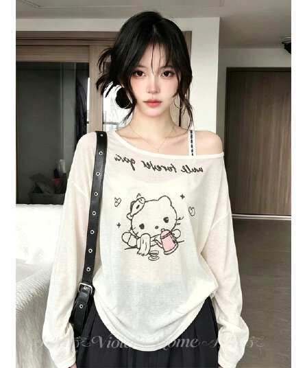 정가 경관 그림 원본 품질 오프숄더 긴팔 비스듬한 어깨 봄 여름 루즈핏 만화 프린트 티셔츠