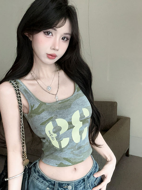 MY11067# 辣妹复古迷彩印花无袖百搭显瘦背心T恤女裝貨源服裝批發