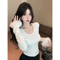 批发实拍实价  辣妹设计感圆领个性毛毛袖口修身<b class='q'>打底衫</b>百搭