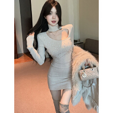 批发实拍实价    辣妹性感<b class='q'>镂空</b>手工钉钻 s型曲线长袖针织<b class='q'>连衣裙</b>女