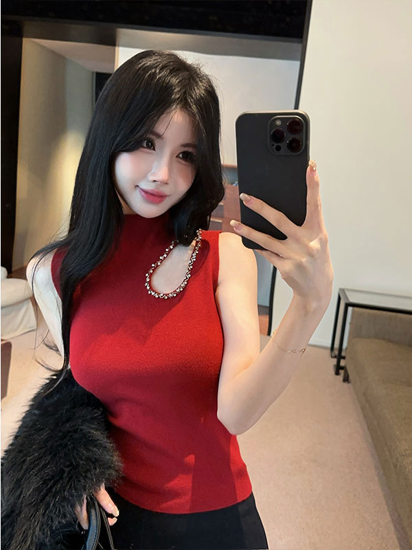 실사 정가 반하이넥 무거운 작업 패션 홀로우 아웃 기본 셔츠 여성 가을 겨울 인사이드 가져 가라. 몸매 가꾸기 민소매 니트 스웨터