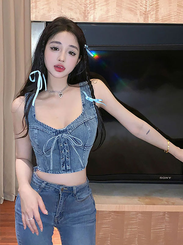 실사 정가 섹시함 핫걸 스트랩 패션 데님 조끼